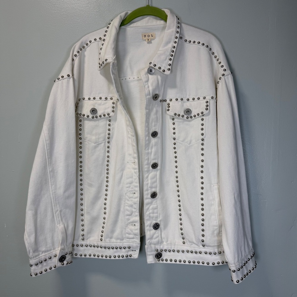 POL White Denim Studded Jacket Womens Small Oversized Cotton Trucker TWJ37B
